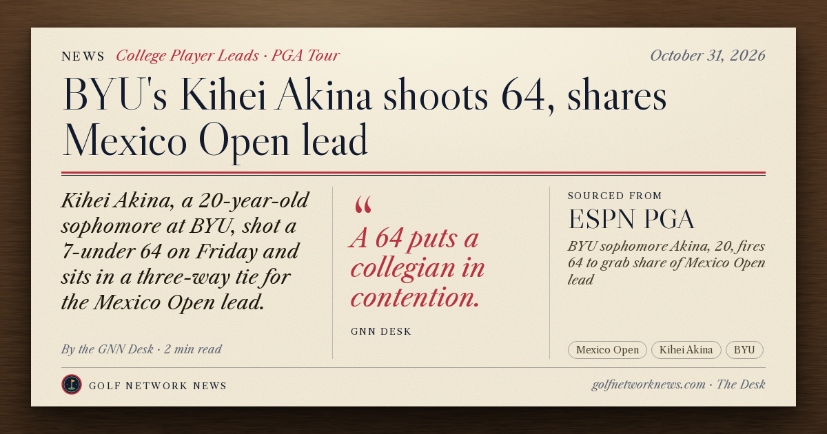 GNN Desk card: BYU's Kihei Akina shoots 64, shares Mexico Open lead